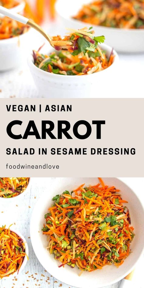 Asian Salad Vegan, Carrot Slaw Asian, Vegan Carrot Salad Recipes, Asian Carrot Salad Recipes, Carrot Salad Asian, Asian Veggie Dishes, Carrot Sesame Salad, Sesame Tomato Salad, Carrot Salad Recipes Healthy