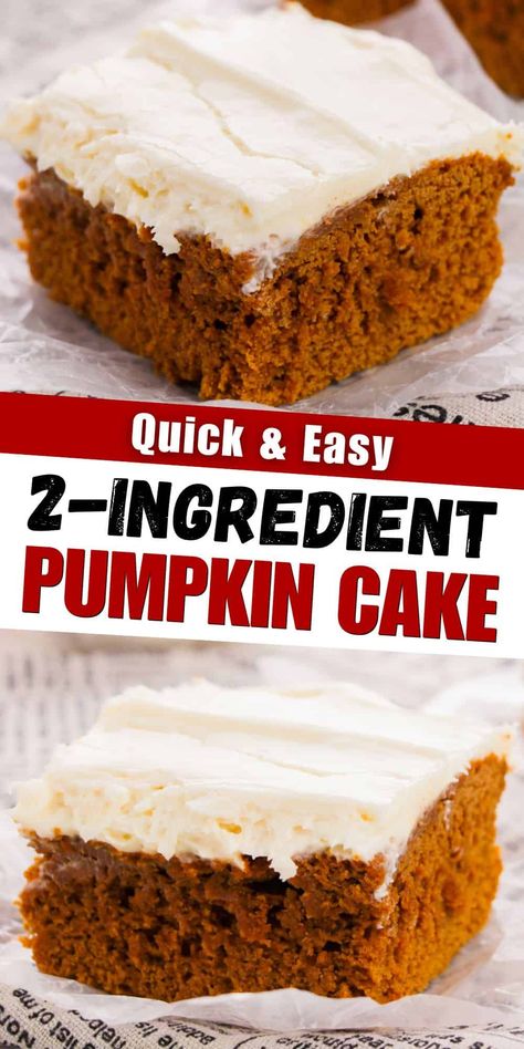 An easy 2-ingredient pumpkin cake recipe packed with Fall flavor. Just mix, bake, and top with your favorite frosting. So good! Spice Cake Mix With Canned Pumpkin, Healthy Cake Box Recipes, Pumpkin Cake Recipes Healthy, Pumpkin Pudding Mix Recipes, Pumpkin Bars Easy 2 Ingredients, Easy Pumpkin Cake 2 Ingredients, Pumpkin And Cake Mix Recipes, Easy Pumpkin Desserts 2 Ingredients, Two Ingredient Pumpkin Cake