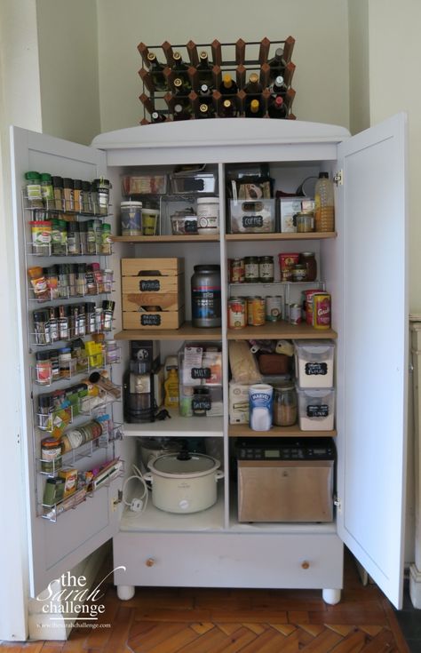 diy kitchen pantry Pantry Options, Armoire Kitchen Repurposed, Armoire As Pantry, Armoire Repurpose Pantry, Armoire To Pantry, Wardrobe Pantry Ideas, Pantry From Armoire, Wardrobe To Larder Cupboard, Armoire Into Pantry