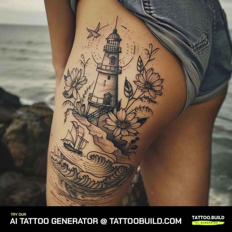 Unique Tattoos With Deep Meaning, Beach Tattoo Thigh, Lighthouse Leg Tattoo, Ocean Leg Sleeve Tattoo Women, Cool Tats Creative Women, East Coast Tattoo Ideas, Water Lover Tattoo, Water Theme Tattoo, Boat Tattoo For Women