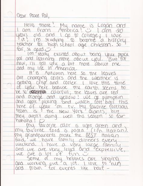 The first page of a letter from a student at Eastern CT State University to her pen pal in Afghanistan. First Penpal Letter Writing, Letter To Penpal, Letter To Pen Pal, Pen Pal Introduction Letter, Pen State University, First Pen Pal Letter Ideas, Cute Letters To Friends Writing Pen Pals, Letter Starters, Mail Inspiration