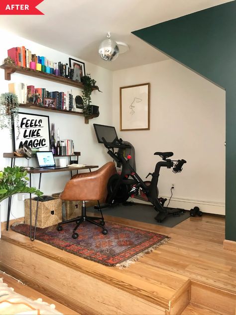 Brooklyn 350-Square-Foot Studio Apartment Photos | Apartment Therapy Peloton Office Ideas, Small Apartment Office Space, Gym Office Combo Work Spaces, Home Office Gym Combo Layout, Office And Workout Room Combo, Home Office Gym Combo, Office/workout Room, Minimalist Workout, New Bedroom Ideas