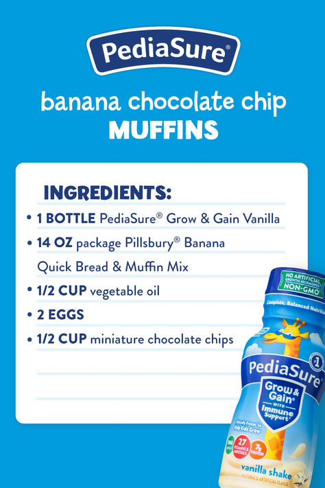 For a breakfast treat with nutrition, warm your kiddos' hearts and appetites with this scrumptious Banana Chocolate Chip Muffins recipe. PediaSure® Grow & Gain Vanilla shake is the star ingredient, helping to provide nutrition in each hearty muffin. Bake some today and watch the smiles grow! Pediasure Recipe Kids, Pediasure Recipes, Chocolate Chip Muffins Recipe, Drinks For Kids, Child Growth, Child Nutrition, Nutrition Drinks & Shakes, Vanilla Shake, Banana Chocolate Chip Muffins