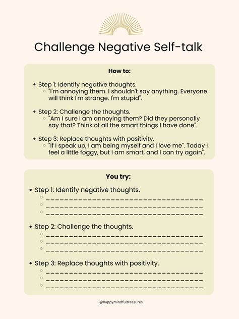 Utilize this worksheet to help challenge negative thoughts or negative self talk. Challenge Negative Self Talk, Challenge Negative Thoughts Worksheets, Negative Self Thoughts, Mantras To Combat Negative Thoughts, Cbt Negative Thoughts, Changing Negative Thoughts To Positive Worksheet, Redirecting Negative Thoughts, Challenging Negative Thoughts Worksheets, Overcome Negative Thoughts