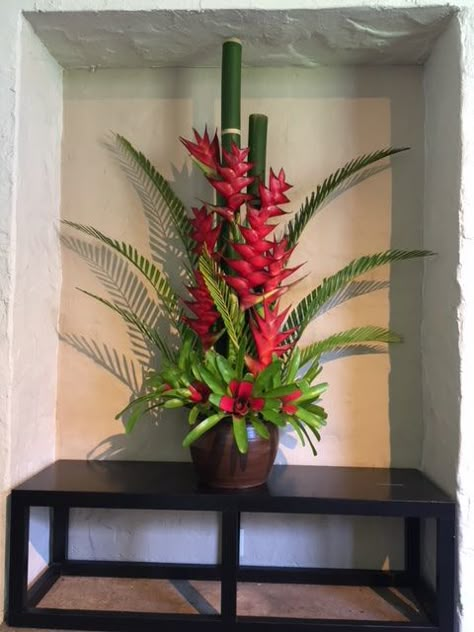 In the style of May Moir by the members of the Garden Club of Honolulu Tropical Arrangements, Tall Flower Arrangements, Tall Floral Arrangements, Tropical Floral Arrangements, Hotel Flowers, Tropical Flower Arrangements, Large Floral Arrangements, Altar Flowers, Large Flower Arrangements