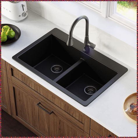 Black Sink Kitchen, Quartz Kitchen Sink, Composite Kitchen Sinks, Quartz Sink, Double Kitchen Sink, Black Kitchen Sink, Drop In Kitchen Sink, Kitchen Sink Design, White Counters