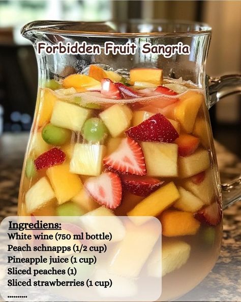 Forbidden Fruit Sangria, Peach Sangria Recipes, Easy Quick Recipes, Frozen Drinks Alcohol, Fruit Sangria, Sangria Ingredients, Sliced Peaches, Fun Drink Recipe, Fun Drinks Alcohol