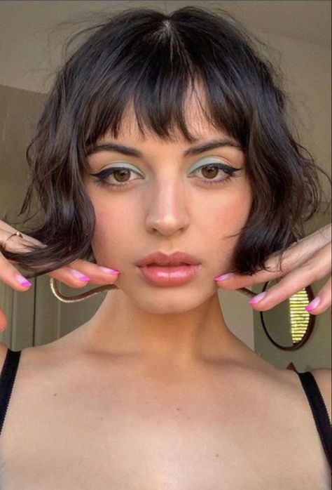 15 Best Curtain Bangs on Short Hair - How To Style It in 2024 Short Wavy Bob Undercut, Short Bob Short Fringe, Short Wavy Hair 2023, Short Bob With Bangs Wavy Hair, French Bob Black Hair, Short Hair Turtleneck, Short Bob With Short Fringe, Rebecca Black Hair, French Bob Mullet