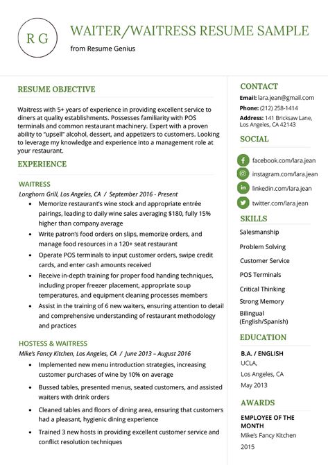 Waiter / Waitress Resume Example & Writing Tips | Resume Genius Waitress Resume Examples, Waitressing Tips, Waitress Tips, Waitress Resume, Waiter Tips, New Grad Nursing Resume, Resume Profile Examples, Restaurant Resume, Job Affirmations