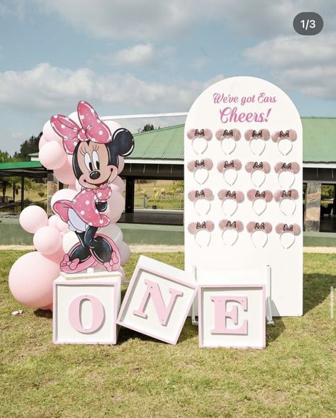 Unique Minnie Mouse Birthday Party, Minnie Mouse Ears Display Party Ideas, Minnie And Mickey First Birthday Party, One Year Old Backdrop First Birthdays, 1st Birthday Party Ideas Minnie Mouse, Pink Mickey Mouse Birthday, Classy Minnie Mouse Party, Light Pink Minnie Mouse Party, 1st Birthday Minimouse