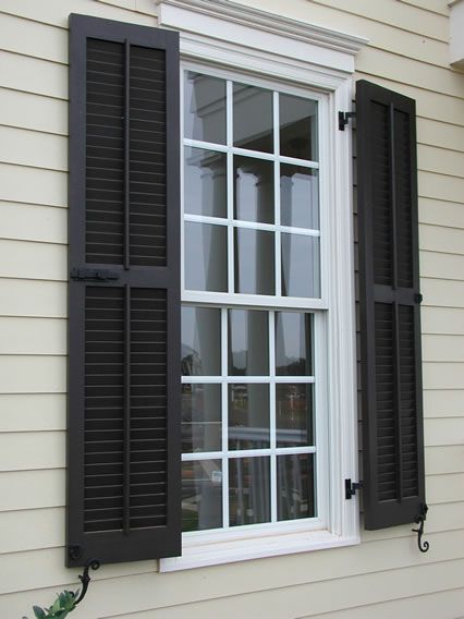 Exterior Wood Shutters, Wood Shutters Exterior, Window Shutters Exterior, Outdoor Shutters, Shutter Hardware, Benjamin Moore Gray, Louvered Shutters, Shutter Designs, Custom Shutters