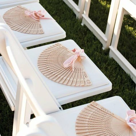 A fan tied with custom-printed pink ribbon greeted each guest at their ceremony seat. Abroad Wedding, Renewing Vows, Props Ideas, Souvenir Wedding, Wedding Tokens, Pool Wedding, Cyprus Wedding, Wedding Giveaways, Boda Mexicana