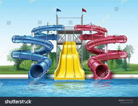 Vector illustration of colored plastic water slides with pool in outdoor aqua park. Isolated, front viewplastic#water#slides#Vector Water Theme Park, Resort Plan, Entertaining House, Aqua Park, Indoor Waterpark, Park Pictures, Abstract Pillows, Parking Design, Waterpark