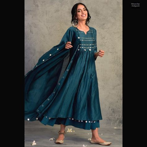 Flared Palazzo, Mirror Work, Kurta Set, The Loom, Teal Blue, Green Dress, Loom, Mirror, Green