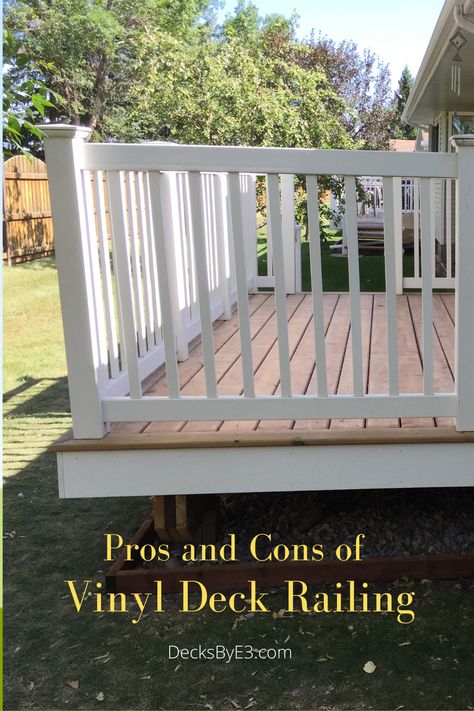 Trex Deck Ideas White Railings, Vinyl Deck Railing Ideas, Pvc Porch Railing, White Deck Railing Ideas, Wood Deck White Railing, White Railing Deck, Decks With White Railings, Wood Deck With Vinyl Railing, Vinyl Railings On Deck