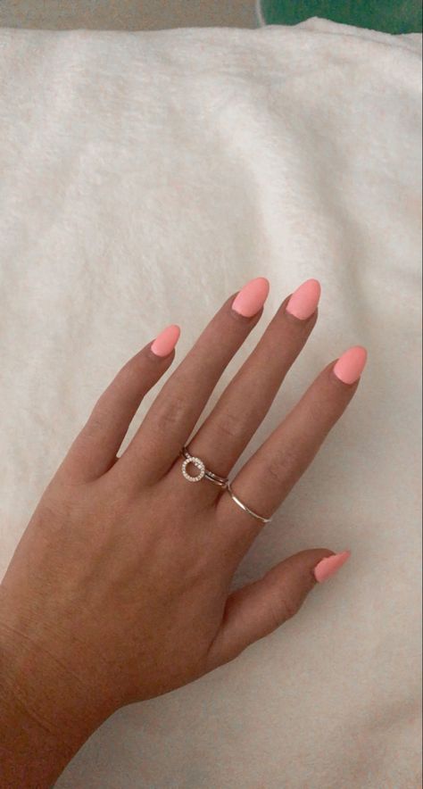 Coral Pink Almond Nails, Coral Almond Acrylic Nails, Light Bubble Gum Pink Nails, Short Almond Solid Color Nails, Simple Summer Nails Solid Color, Nail Colors To Make You Look Tan, Neutral Nails Summer 2024, Coral Almond Nails, Pink Nails Short Almond