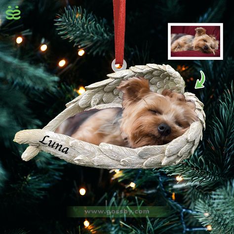 Dog Acrylic Ornament - Dog Lover Gifts - Sleeping Pet Within Angel Wings - Custom Ornament from Photo Pet Memorial Ideas Dogs, Dog Angel, National Pet Day, Holiday Trees, Pet Keepsake, Customized Photo Gifts, Dog Photo, Dog Ornaments, Dog Memorial