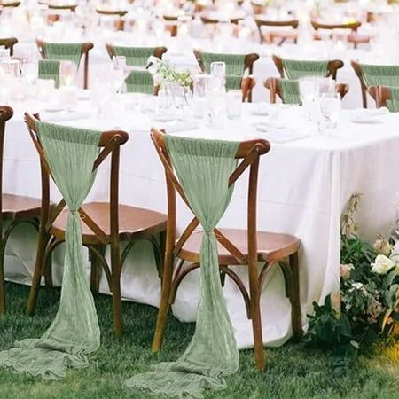 20 Packs Sage Green Cheesecloth Chair Sashes, Chair Bow Designed Decorative Chair Cover Chair Sashes Wedding Reception Party Hotel Decoration ????Package includes: You will receive 20 pcs Sage Green cheesecloth chair sashes. Flowers are not included in the package. Each piece measures Length 180cm/70.8inch, Width 90cm/35.4inch. High quality healthy fabrics to decorate your dining environment. ???? introduction: Natural cheesecloth fibers are strong and durable, makes the fabric soft, absorbent a Garden Wedding Chairs, Green Chair Sash Wedding, Cheesecloth Chair Sash, Sage Green And Dusty Rose Wedding Decor, Sage Green And Gold Wedding Decor, Flower Aisle Wedding, Gold And Sage Wedding, Wedding Chair Cover Ideas, Wedding Decor Sage Green