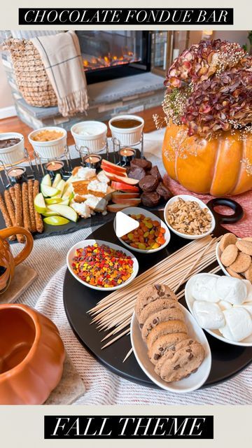 Tara Panasiuk on Instagram: "FONDUE CHOCOLATE BAR for fall 🧡 Comment “FONDUE” to be sent all the items shown here 🥰  This is perfect for those cozy movie nights and fall entertaining! You can even do cheeses if you want a more savory option rather than sweet 🤗 Set out your items to dip, toppings, and different chocolates/caramels.   Enjoy!!🎃  #fallinspiration #entertainingathome #partyideas #halloweenideas" Fall Fondue Party, Pumpkin Fondue Cheese, Diy Fondue Night, Fall Girls Night, Fondue Party Chocolate, S’mores Fondue, Chocolate Fondue Bar, Chocolate Fondue Recipe, Dip Bar