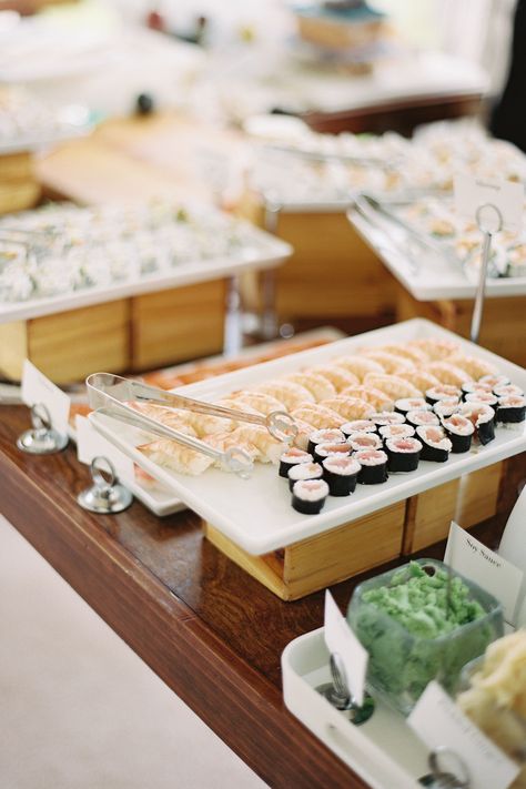 Sushi Rehearsal Dinner, Sushi Bar Party, Sushi Bar Wedding, Sushi Table, Bridal Shower Appetizers, Japanese Buffet, Sushi Catering, Shower Appetizers, Sushi Bars