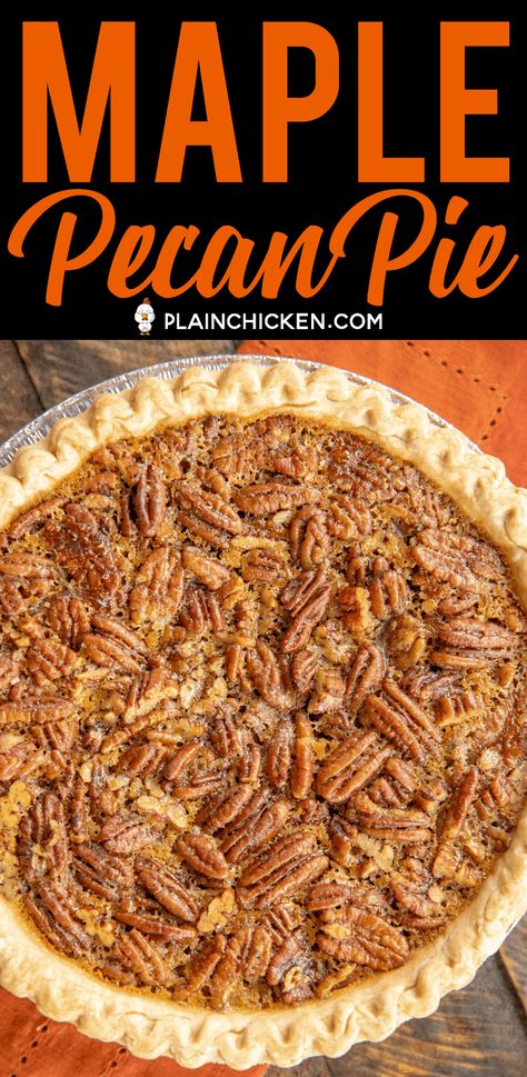 Maple Pecan Pie - seriously delicious!!! SO much amazing flavor from the real maple syrup! Super easy to make! Pie crust, sugar, maple syrup, butter, eggs, pecans, vanilla. Make the day before. Serve with vanilla ice cream and caramel sauce! YUM! #pie #dessert #thanksgiving #christmas #pecanpie #maplesyrup Maple Pecan Pumpkin Pie, Pecan Pie Using Maple Syrup, Pecan Pie Maple Syrup Recipe, Pecan Pie With Maple Syrup Recipe, Maple Syrup Pie Recipe, Pecan Pie Made With Maple Syrup, Pecan Pie Maple Syrup, Desserts With Maple Syrup Instead Of Sugar, Maple Syrup Pecan Pie Recipe