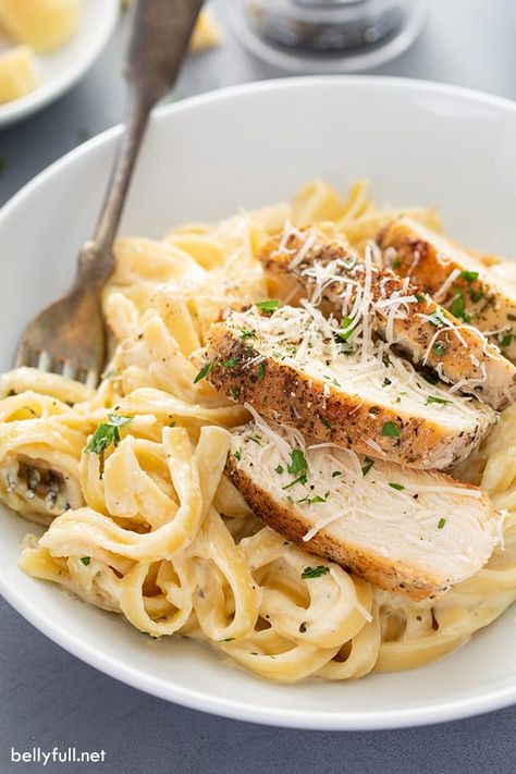 Chicken Alfredo Recipe {Easy and Amazing!} - Belly Full Chicken With Angel Hair Pasta, Simple Chicken Alfredo Recipe, Homemade Chicken Alfredo, Chicken And Pasta, Chicken Fettuccine Alfredo, Chicken Fettuccine, Chicken Tetrazzini, Chicken Alfredo Recipes, Chicken Alfredo Pasta