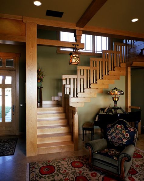 Look at this Craftsman style stairway!  Every detail is amazing: the hand rail, the way the light fixture sits over the stairs, the windows, the wall color.  This is a master class in craftsman design. Craftsman Style Interior, Craftsman Staircase, Craftsman Style Interiors, Craftsman Interiors, Craftsman Home Interiors, Craftsman Interior, Escalier Design, Bungalow Homes, Stair Case