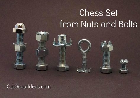 Webelos chess set from nuts and bolts Diy Chess Set, Cub Scout Crafts, Cub Scout Activities, Nuts & Bolts, Scout Activities, Scout Ideas, Scouts Crafts, Cub Scout, Cub Scouts