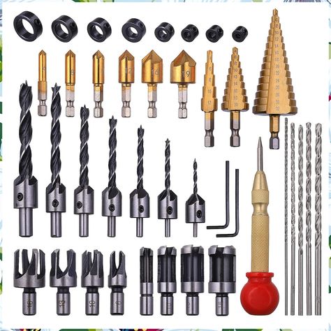 Rocaris 39 Pack Woodworking Chamfer Drilling Tools, Including Countersink Drill Bits, L-Wrench, Wood Plug Cutter, Step Drill Bit, Center Punch, Drill Stop Bit Collar Set, Twist Drill Bit Tool Windowsill Plants, Wood Drill Bits, Step Drill, Drilling Tools, Wood Plugs, Gaming Room Setup, Drilling Holes, Woodworking Skills, High Speed Steel