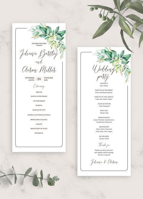 Elegant Greenery Boho Wedding Program is designed to provide your guests with the roadmap and make sure your guests know the essentials of your ceremony such as color palette, theme, level of formality and last but not least the schedule of the big day This wedding program template is 100% editable FREE online drag-n-drop editor requires no designer skills yet allows you to customize the text and design of the wedding program cards in a few simple clicks Program Outline Design, Diy Wedding Programs Template Free, Greenery Boho Wedding, Color Palette Theme, Program Fans Wedding, Wedding Ceremony Pamphlet, Boho Wedding Program, Wedding Program Template Free, Wedding Program Examples Zazzle