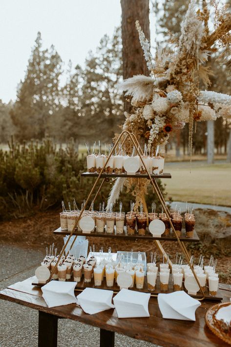 Bohemian Wedding Dessert Table, Dessert Table Backdrop Wedding, Cake In A Cup Wedding, Wedding Food Decorations, Neutral Wedding Dessert Table, Intimate Wedding Food Ideas, Boho Wedding After Party, Boho Birthday Dessert Table, Boho Wedding Cookie Table