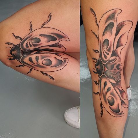 Knee Hinge Tattoo, Knee Bug Tattoo, Elbow Beetle Tattoo, Moth Side Knee Tattoo, Knee Beetle Tattoo, Bug Tattoo Knee, Beetle Tattoo Elbow, Beetle Tattoo Side Of Knee, Moth Knee Bend Tattoo