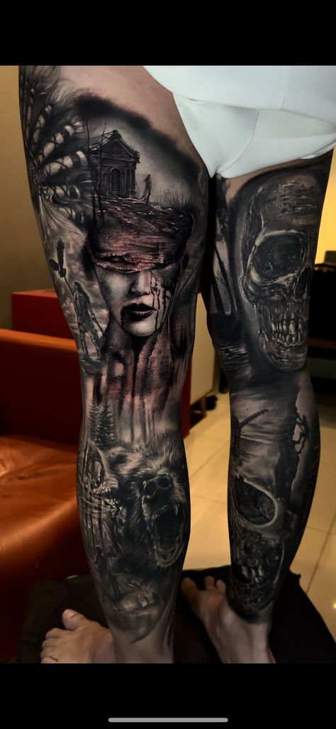 Scary Leg Sleeve Tattoo, Horror Tattoos, Zeus Tattoo, Realistic Tattoo Sleeve, Weird Drawings, Thigh Tattoos, Realistic Tattoo, Leg Tattoo Men, Leg Sleeve Tattoo