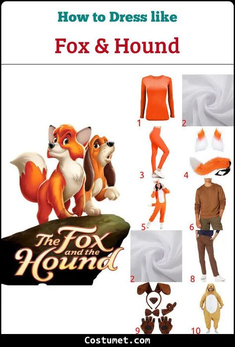 The Fox and the Hound Costume for Cosplay & Halloween 2023 Fox And The Hound Halloween Costume, Fox And Hound Costume, Fox And The Hound Costume, Fox And Hound, Fox Onesie, Fox Ears And Tail, Couple Costume, Brown Sweatshirt, Dog Ears