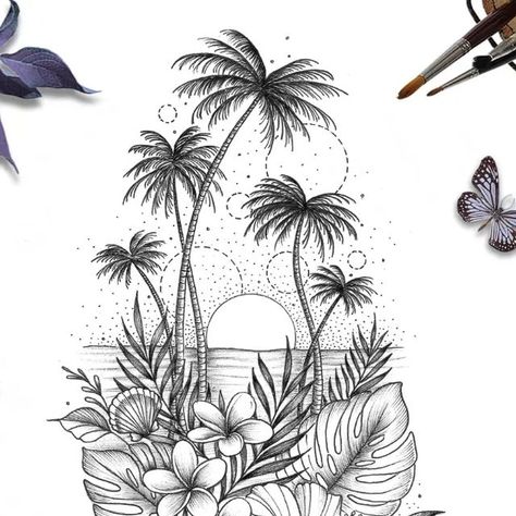 Florida Leg Tattoo, Wave With Palm Tree Tattoo, Beach Life Tattoo Ideas, Ocean Theme Leg Tattoo, Tropical Arm Sleeve Tattoo, Beach Sleeve Tattoo For Women, Beach Tattoos For Women Sleeve, Sand Castle Tattoo, Tropical Plant Tattoo