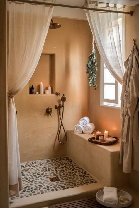 Spa-like shower space with candles and natural stone accents. At Home Spa, Space Saving Desk, Functional Desk, Desk Ideas, Therapy Room, Space Saving Solutions, Home Spa, Desk Setup, Massage Therapy