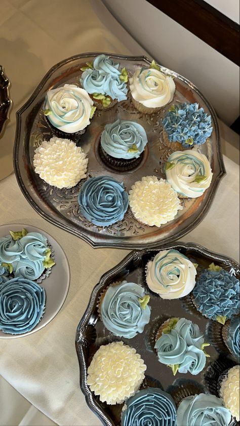 Assorted cupcakes 
Blue floral Bridal Shower Balloon Arch Dusty Blue, Dusty Blue Shower Decorations, Wedding Shower Blue Theme, Dusty Blue Party Theme, Blue Bridal Shower Table Setting, Navy Blue And White Bridal Shower Ideas, Pale Blue Bridal Shower Ideas, Something Blue Shower Favor, Something Blue Bridal Shower Dessert Table