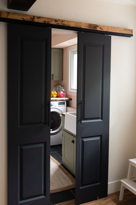 Split Sliding Door Bathroom, Attic Bedroom Door, Narrow Bathroom Door Ideas, Bar Door Bathroom, Folding Door For Bathroom, Door Ideas For Small Spaces, Bathroom Door Ideas, Farmhouse Interior Doors, Laundry Room Doors