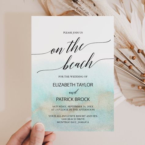 Beach Wedding Invitations Ideas, Teal And Light Blue, Gold Beach Wedding, Tropical Destination Wedding, Beach Wedding Invitation, Aqua And Gold, Wedding Announcement Cards, Sweet Time, Graphic Material