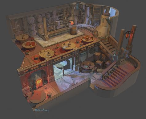 Tavern environment design , Cameron Slade on ArtStation at https://www.artstation.com/artwork/3qGkBm Tavern Design Concept Art, Tavern Blueprint, Modern Tavern Design, Tavern Concept Art, Tavern Design, Isometric Character, Tavern Interior, Tavern Art, Prop Concept