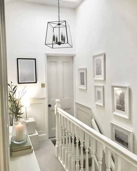 11 Grey Hallway Ideas For A Bright & Light Space 12 Country Style Hallway Ideas, French Hallway Ideas, White And Grey Staircase, Scandi Hallway Ideas, Light Hallway Ideas, Hallway Lights Ceiling, Hallway Ceiling Lights Ideas, Grey Hallway Ideas Stairways, Landing Decor Upstairs