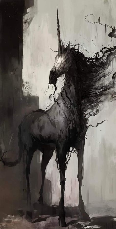 Creepy Horse Drawing, Horror Horse Art, Scary Witch Art, Fantasy Creatures Art Dark, Unicorn Aesthetic Dark, Creepy Creatures Drawing, Shadow Wolf Art, Unicorn Fursona, Scary Mythical Creatures