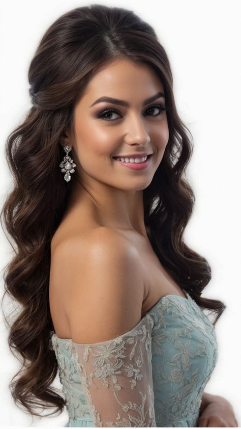 Wedding Guest Hairstyles Front View, Long Hair Side Updo Half Up, Formal Hair For Round Face, Long Down Hairstyles Wedding, Side Sweep Wedding Hair, Party Hairstyles For Straight Hair, Formal Party Hairstyles, Straight Hair Updos, Long Hair Half Up Half Down