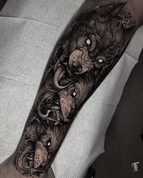 Fenrir Tattoo, Puzzle Tattoos, Wolf Tattoo Sleeve, Blackwork Designs, Greek Mythology Tattoos, Blackout Tattoo, Mythology Tattoos, Chest Tattoo Men, Greek Tattoos