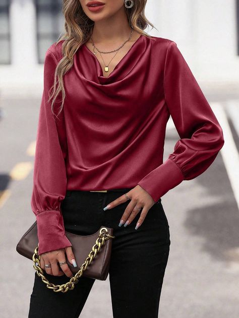 Cowl Neck Long Sleeve Blouse | SHEIN USA Shein Id, Moda Shein, Shein Plus Size, Outfit Shein, Shein Outfits, Cowl Neck Long Sleeve, Plain Tops, Women Blouses, Cowl Neck