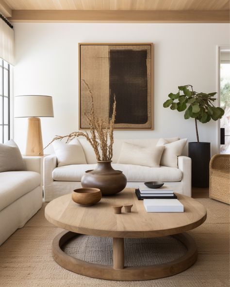 California cozy living room with round wood coffee table, large planter, pottery vases, wood lamp, abstract art