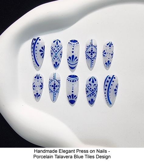 Discover the timeless charm of our Simple Elegant Press-On Nails, featuring a handmade Porcelain Talavera Blue Tiles design. These nails exude a classic yet modern vibe, perfect for those who appreciate understated elegance. Ideal for both casual outings and formal events, they offer a sophisticated touch to any look, embodying luxury in every detail.  #bluenails Oval Acrylic Nails, China Nails, Blue Nail Designs, Tiles Design, Handmade Porcelain, Acrylic Nail Art, Blue Tiles, Luxury Nails, Beauty Nail