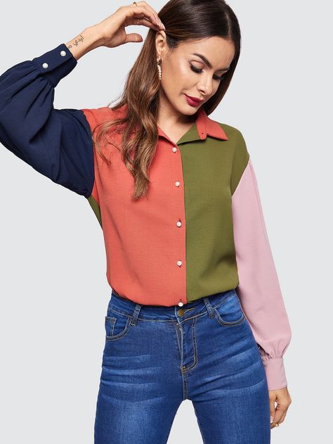 Shein Style, Fall Shirts, Button Up Shirt, Shirt Online, Blouse Designs, Fashion News, Color Block, Button Up Shirts, Shirt Blouses