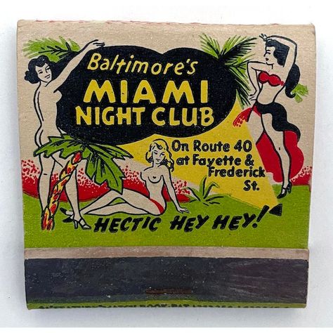 Vintage matchbook from Baltimore"s Miami Night Club. 3 dimensional matchbook is mounted inside a black shadowbox frame with glass. From the collection of Edward J. Maleski. Frame will stand on its own if you choose not to hang. Matches have been removed. Additional framed matchbooks available in my Chairish shop. Miami Night Club, Miami Night, Sailboat Art, Matchbook Art, Matchbox Art, Commercial Art, Light My Fire, Vintage Graphic Design, Baltimore Md