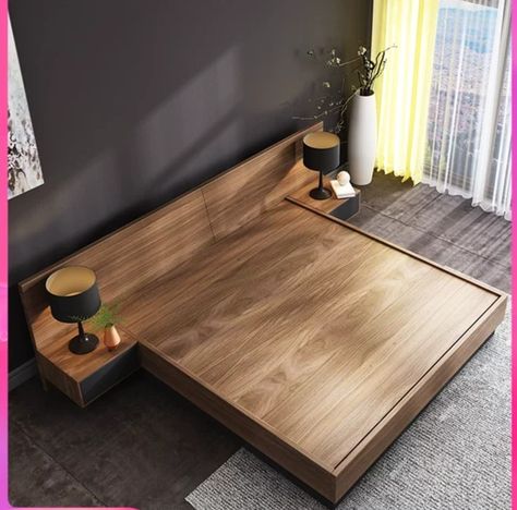 Side Table Attached To Bed, Master Bed Design Wooden, Bedroom Interior Beds & Frames, Wooden Bed Modern Design, Cot With Side Table Design, Simple Modern Wall Decor, Bed With Attached Side Tables, Bedframe With Side Tables, On The Floor Bed Frame